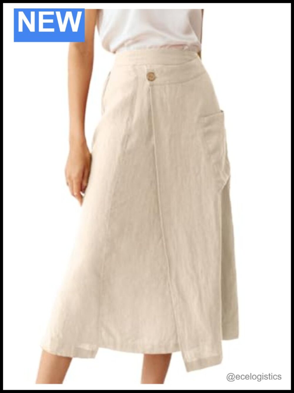 Linen Blend A-Line Midi Skirt with Pockets High Waisted Casual
